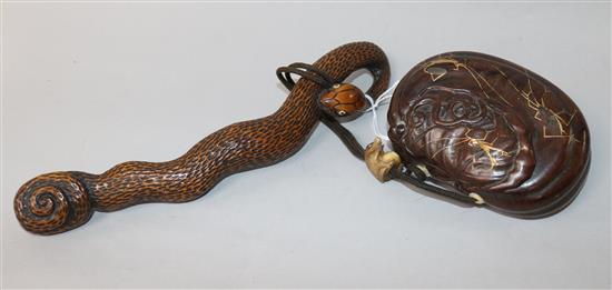 A Japanese carved wood snake netsuke with single case inro and ojime inro 7cm, snake, 19cm.